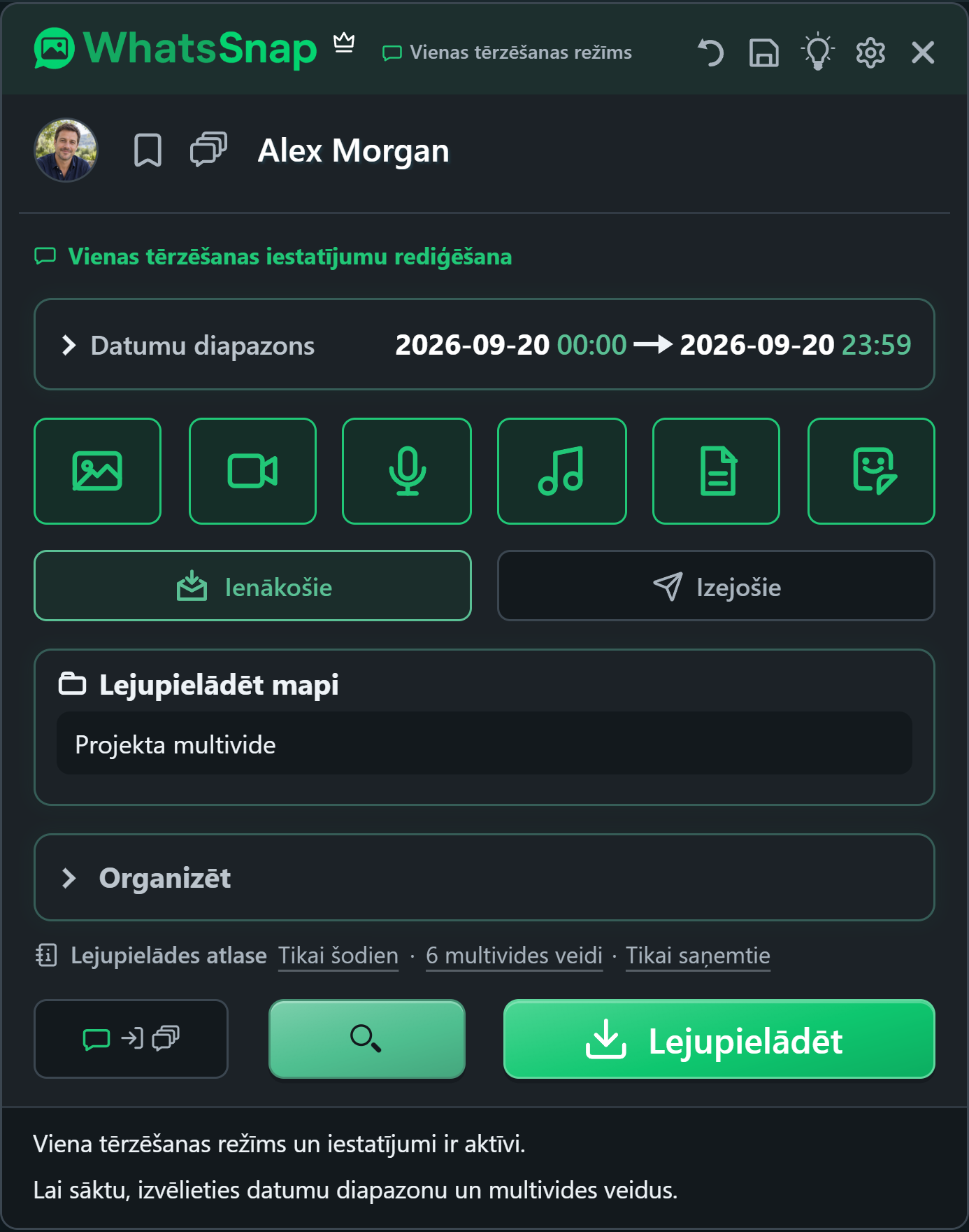 WhatsSnap iekšpusē WhatsApp Web ar datuma, multivides un failu organizēšanas vadīklām