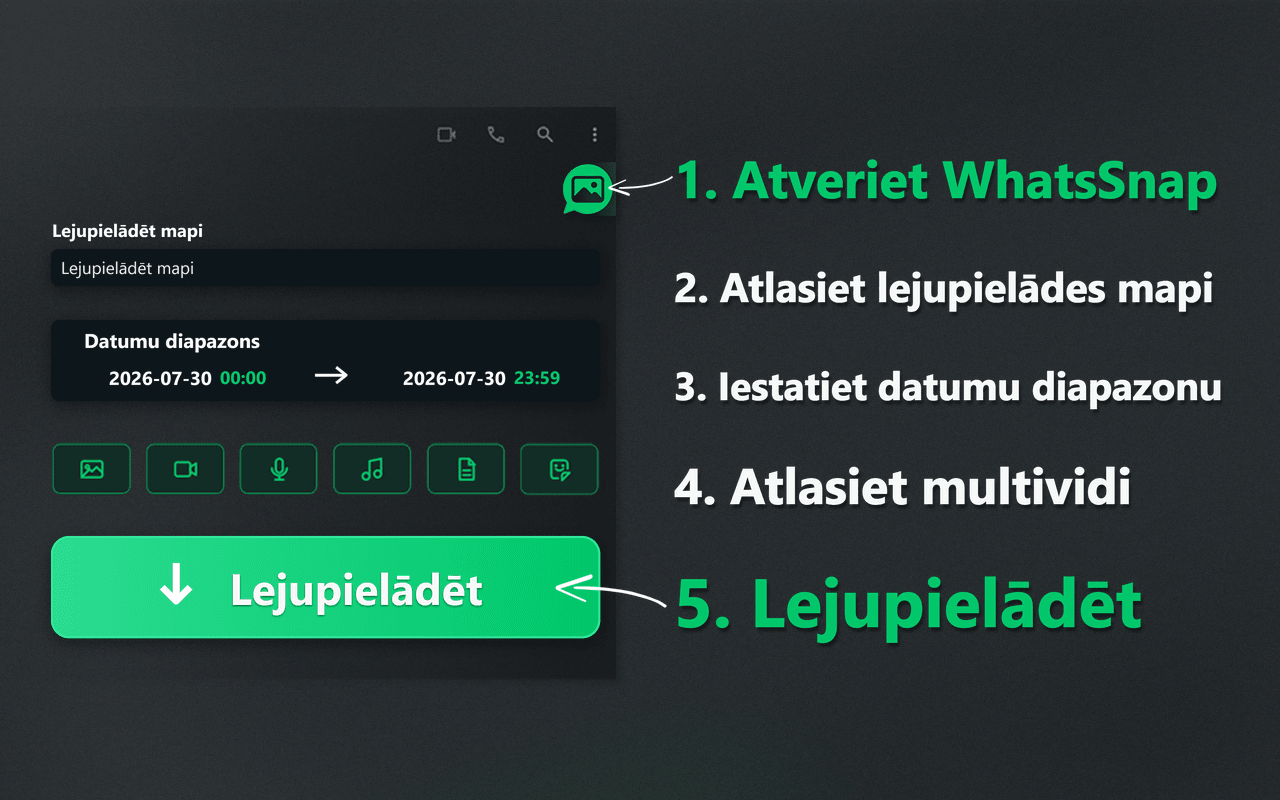 WhatsSnap palaidējs, datumu diapazons, multivides atlase un lejupielādes process