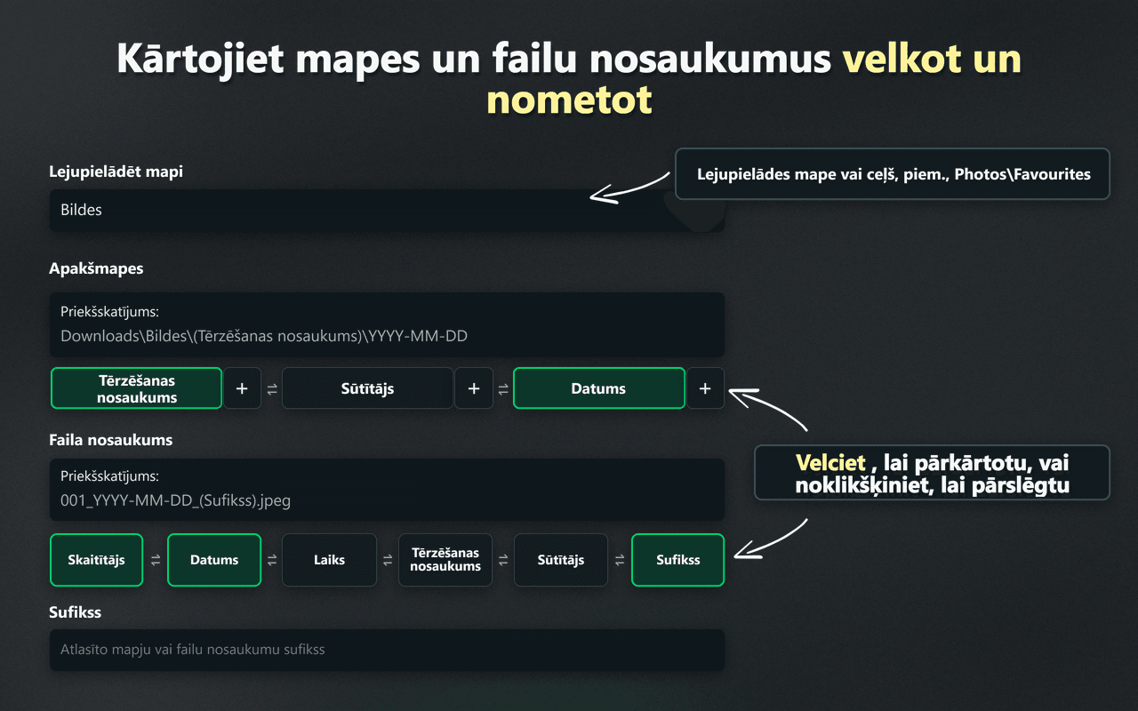 WhatsSnap vilkšanas un nomešanas vadīklas mapju un failu nosaukumu kārtošanai