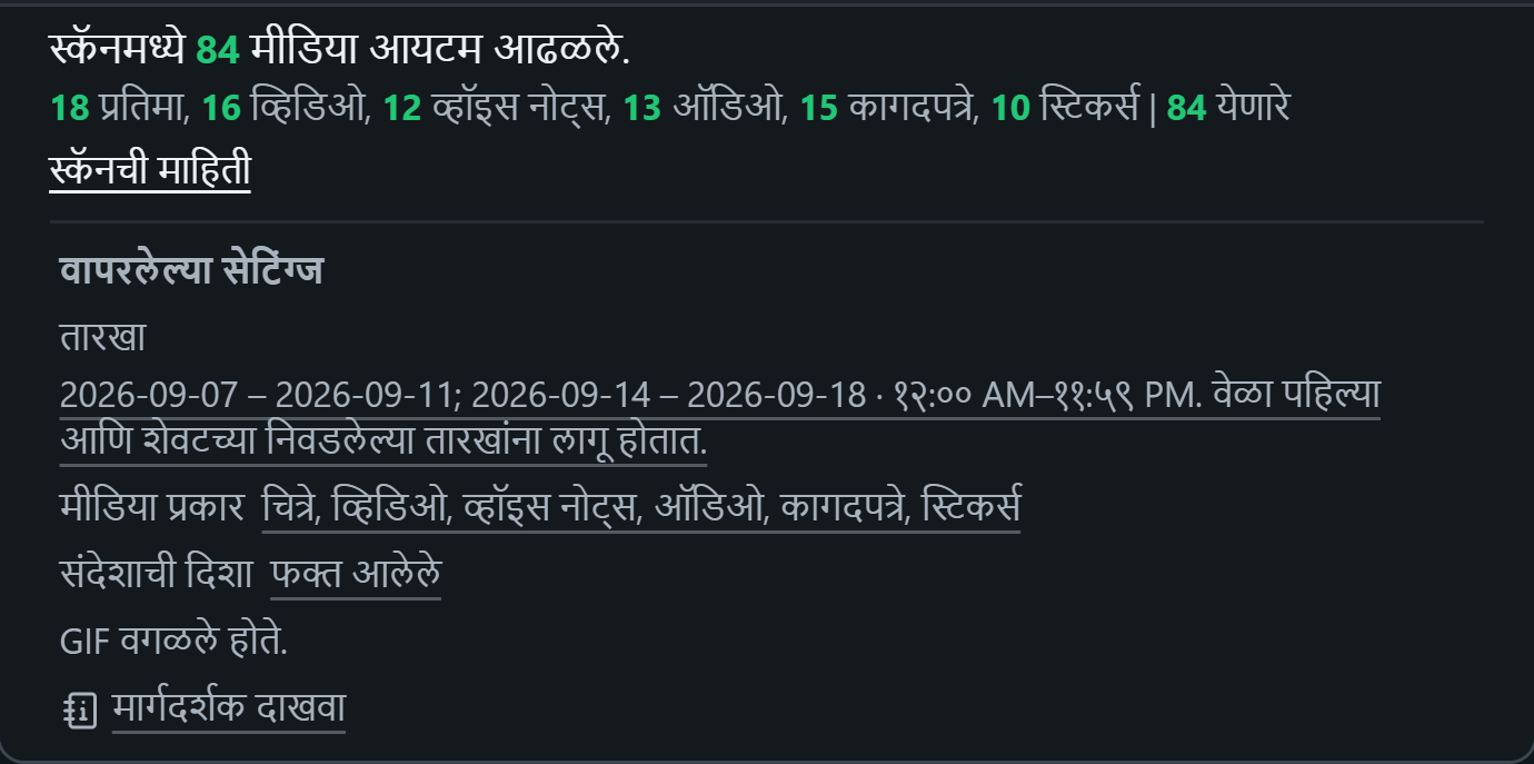 WhatsSnap एकच चॅट — स्कॅनची माहिती मीडिया संख्या दर्शवित आहे आणि तारीख, मीडिया आणि दिशा फिल्टर वापरले आहेत