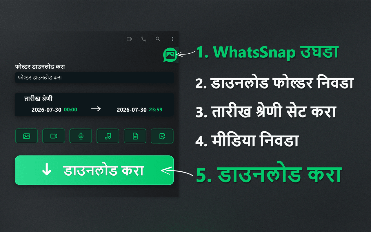 WhatsSnap लाँचर, तारीख श्रेणी, मीडिया निवड आणि डाउनलोड प्रवाह