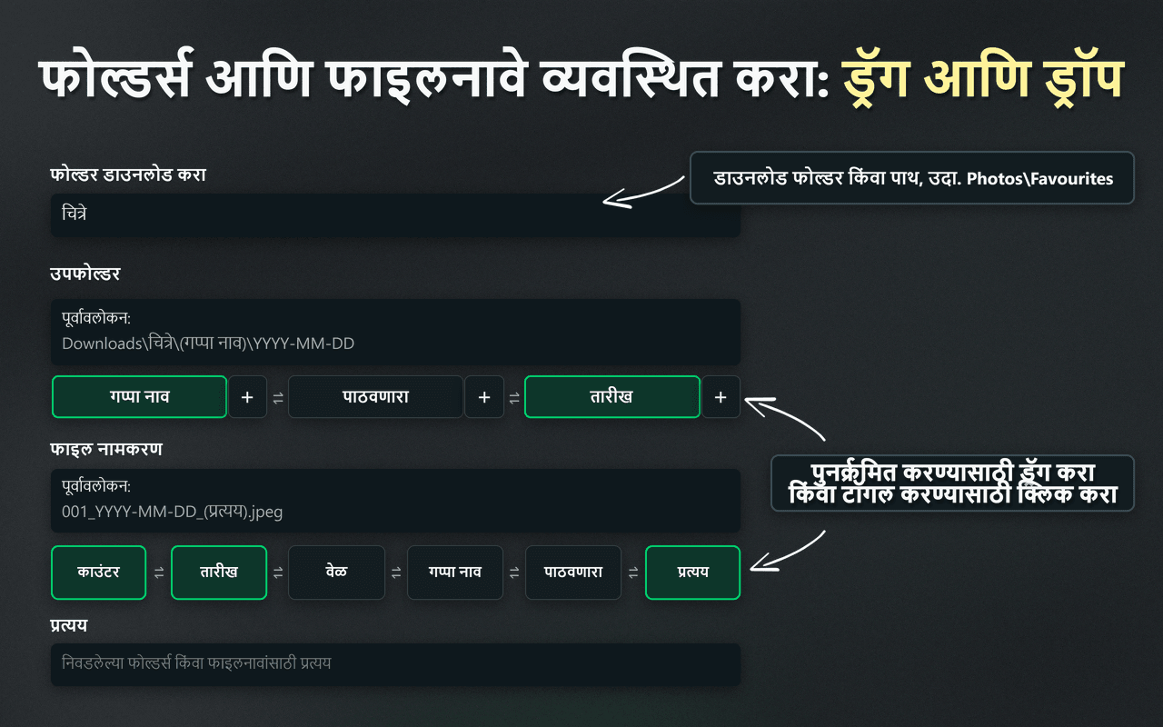 फोल्डर आणि फाइल नावे व्यवस्थित करण्यासाठी WhatsSnap ड्रॅग-अँड-ड्रॉप नियंत्रणे