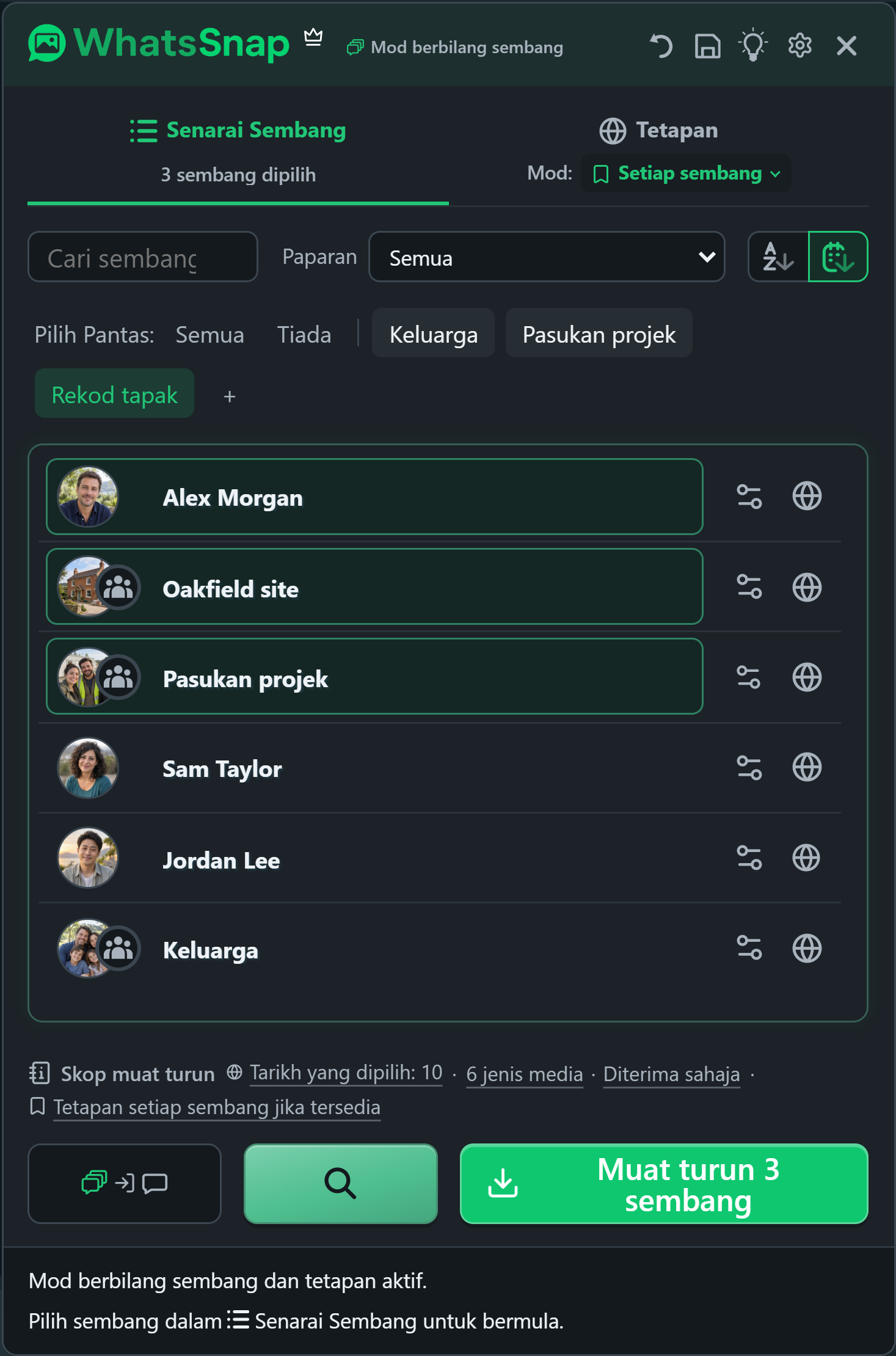 WhatsSnap Berbilang sembang dengan kumpulan Pilih Pantas, carian, penapis dan sembang kerja fiksyen