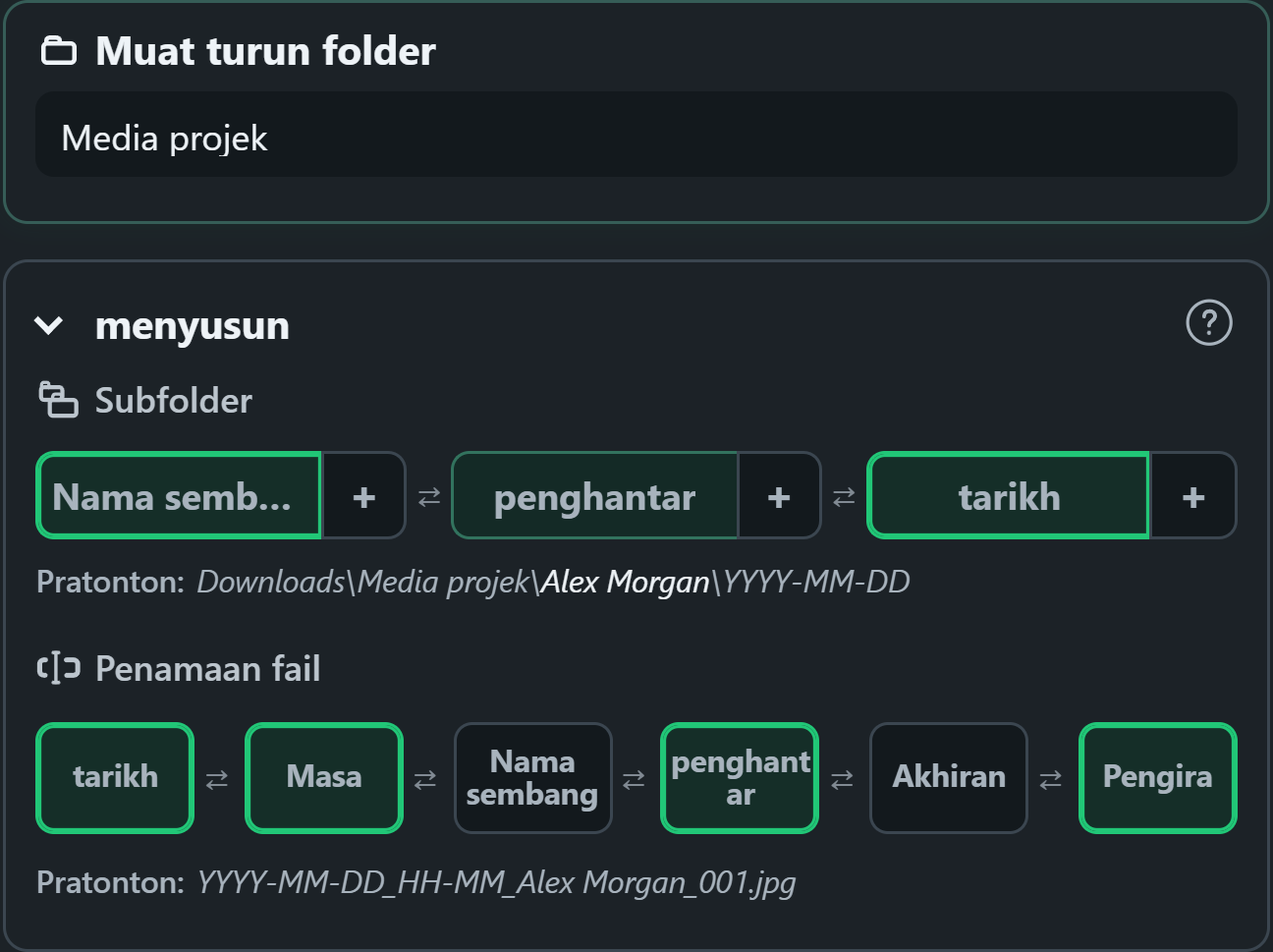 WhatsSnap kawalan organisasi seret dan lepas dengan pratonton folder dan nama fail