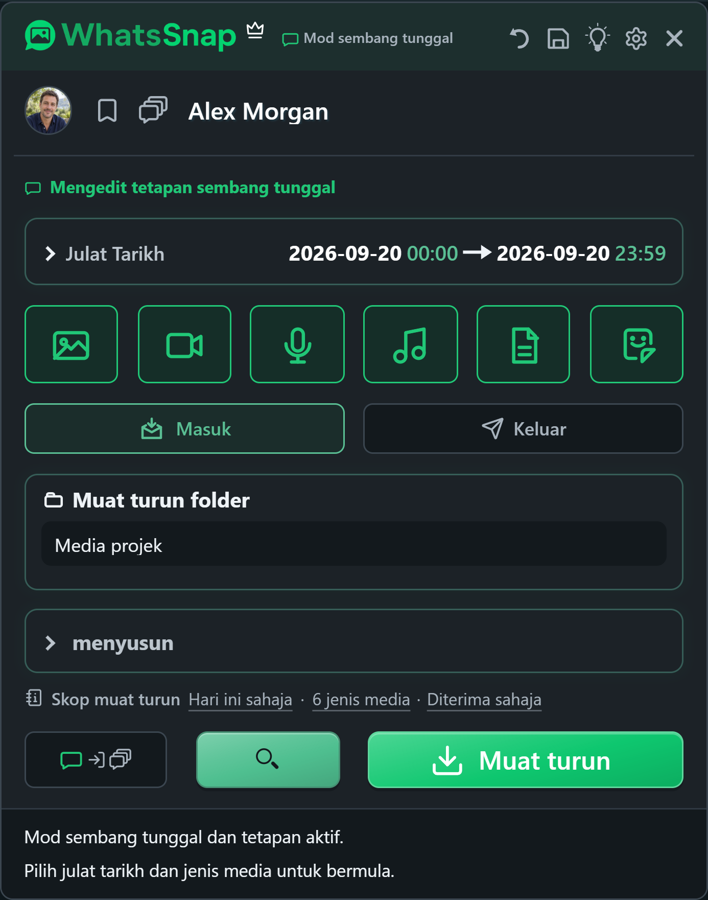 WhatsSnap di dalam WhatsApp Web dengan tarikh, media dan kawalan organisasi fail