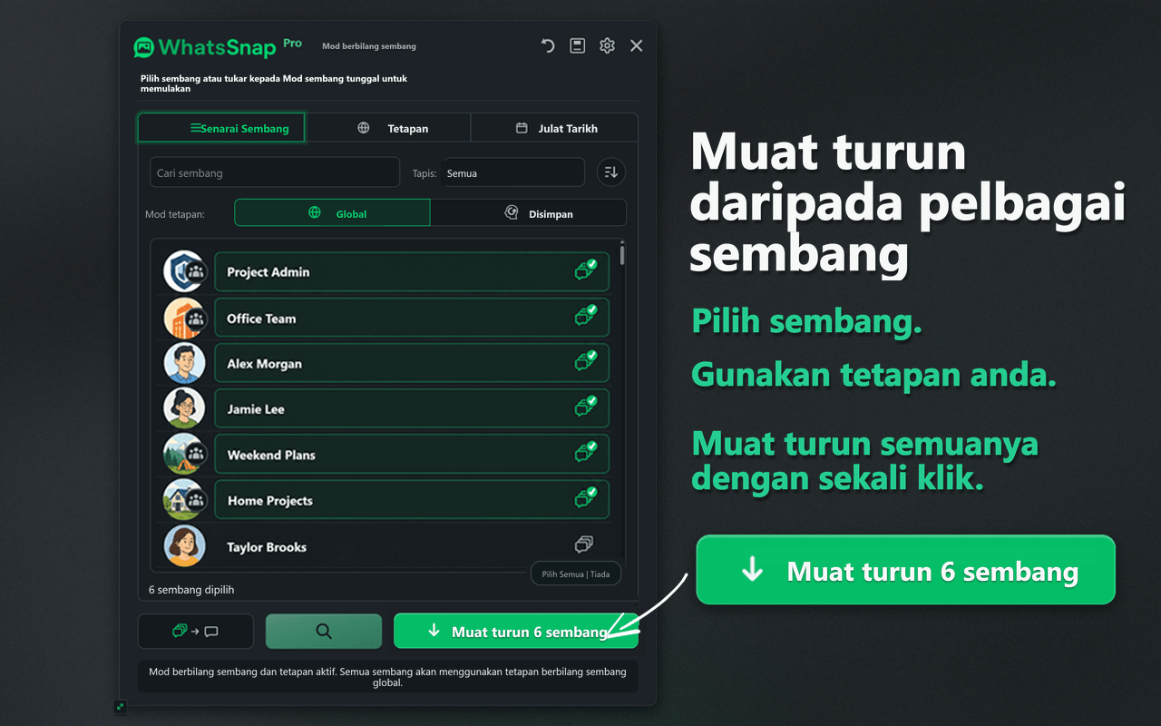 Antara muka pemilihan Multi-chat dan muat turun pukal WhatsSnap