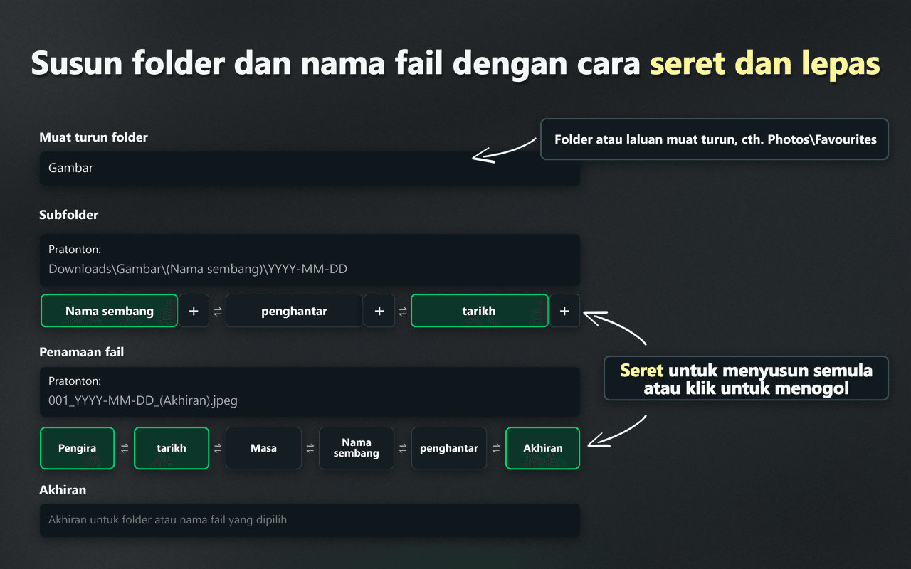Kawalan seret dan lepas WhatsSnap untuk menyusun folder dan nama fail