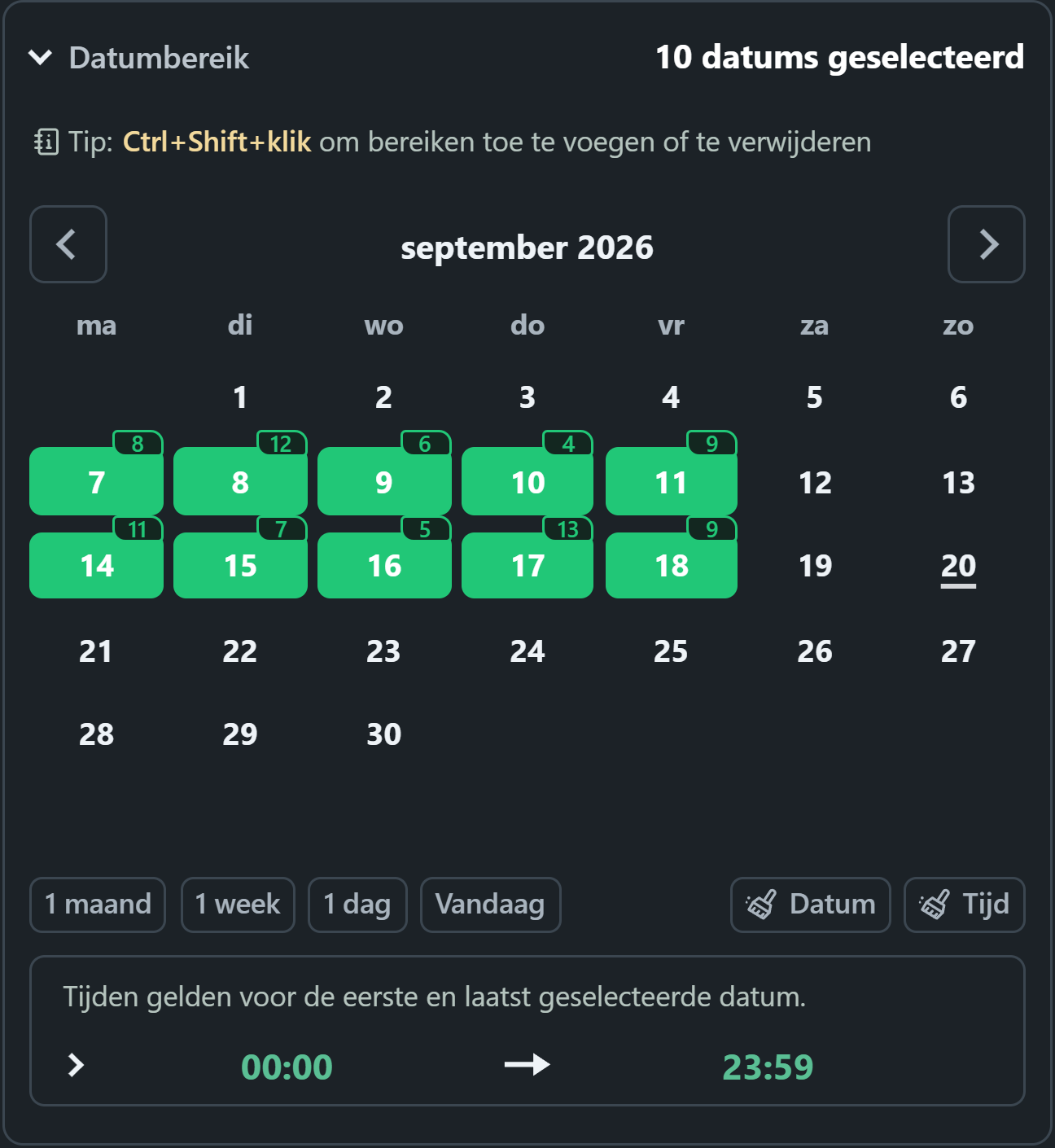 WhatsSnap kalender met geselecteerde datumbereiken en dagelijks door scan gevonden mediabadges