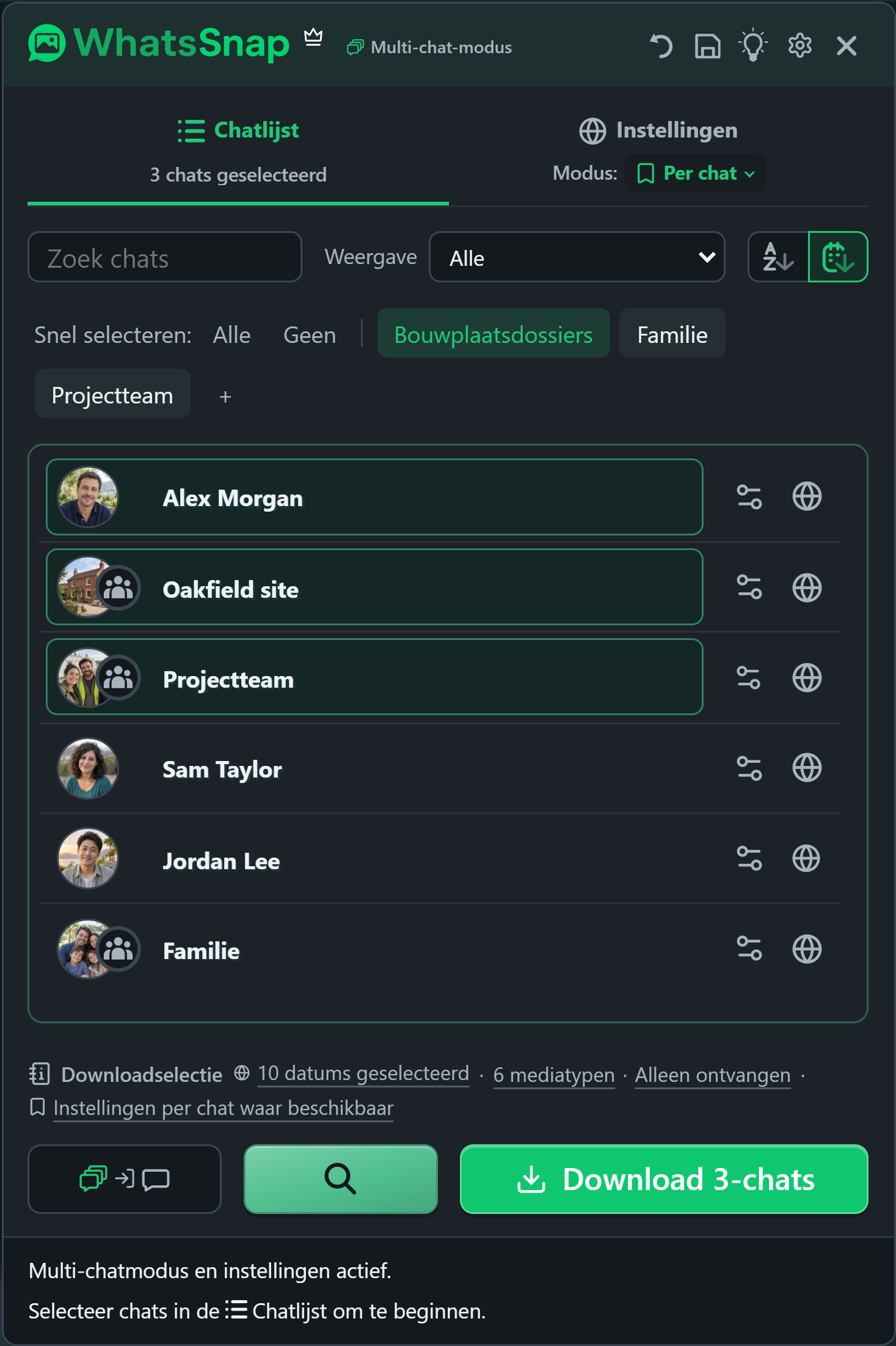 WhatsSnap Multi-chat met Quick Select-groepen, zoeken, filters en fictieve werkchats