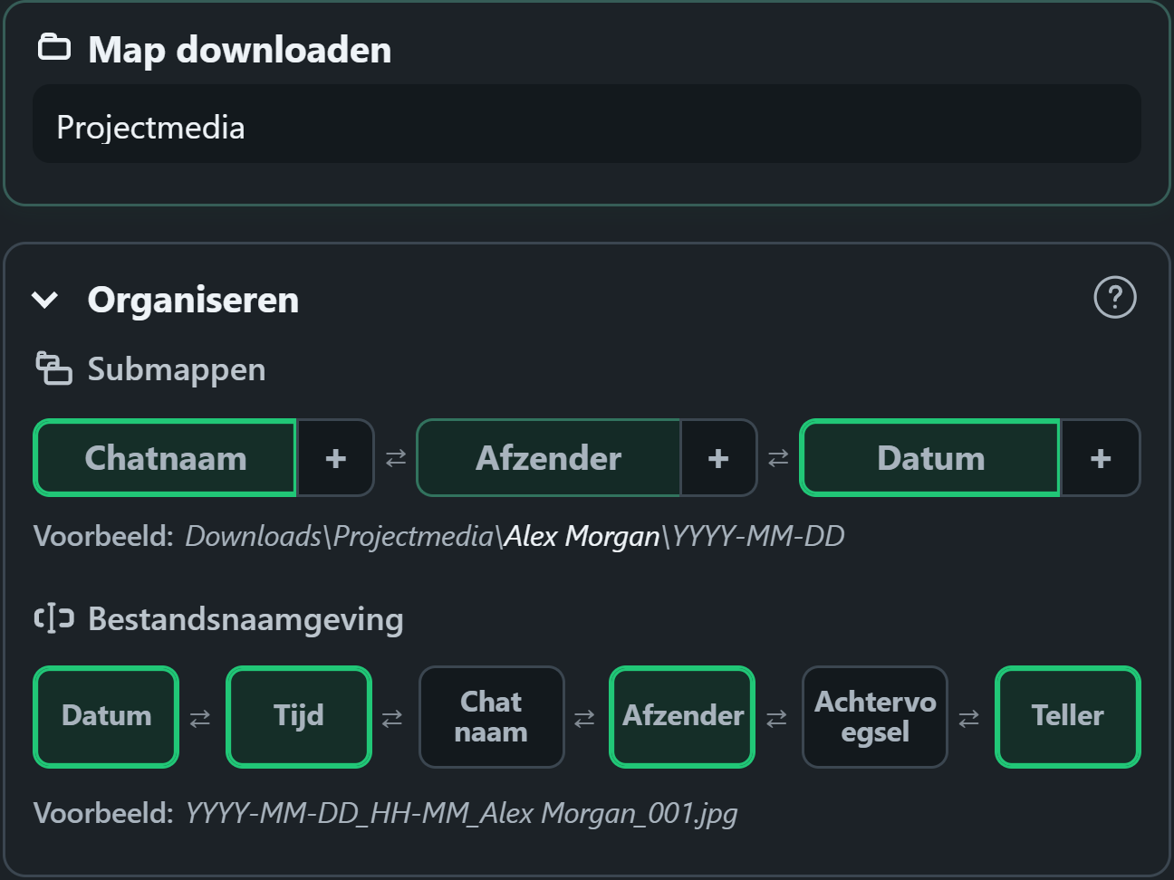 WhatsSnap organisatieknoppen via slepen en neerzetten met voorbeelden van mappen en bestandsnamen