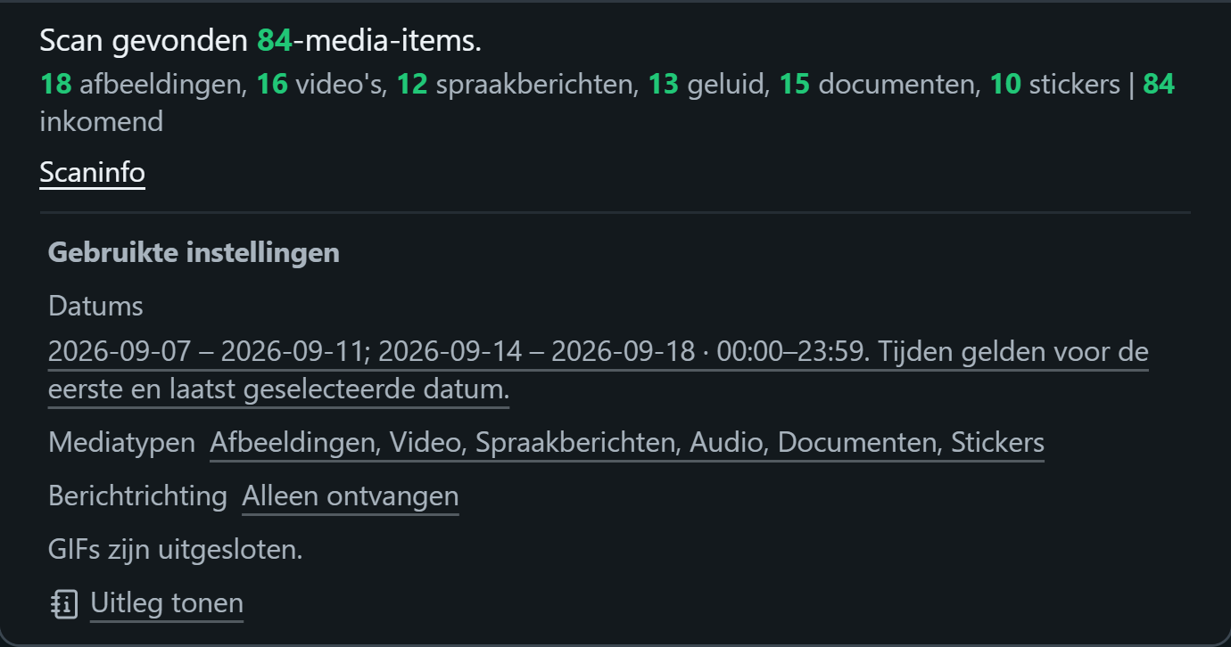 WhatsSnap Eén chat — Scaninfo toont het aantal media en de gebruikte datum-, media- en richtingsfilters