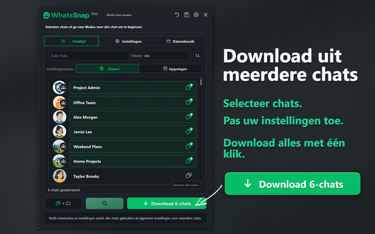 WhatsSnap-interface voor Multi-chat-selectie en batchdownloads