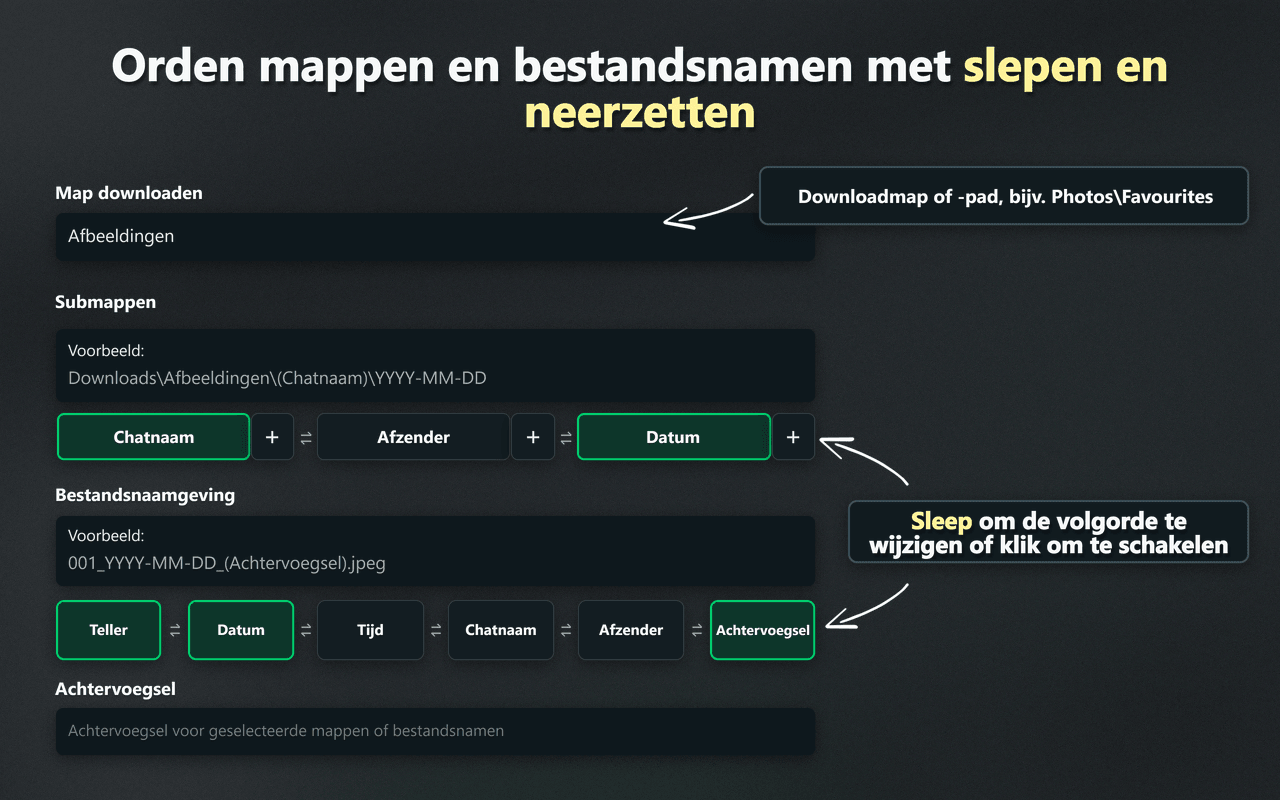 WhatsSnap-bediening voor slepen en neerzetten om mappen en bestandsnamen te organiseren