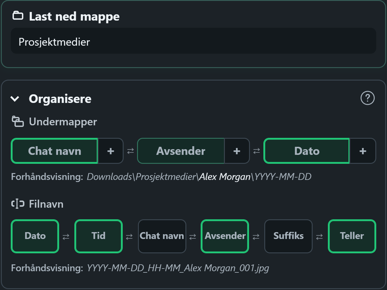 WhatsSnap dra-og-slipp organisasjonskontroller med forhåndsvisning av mapper og filnavn