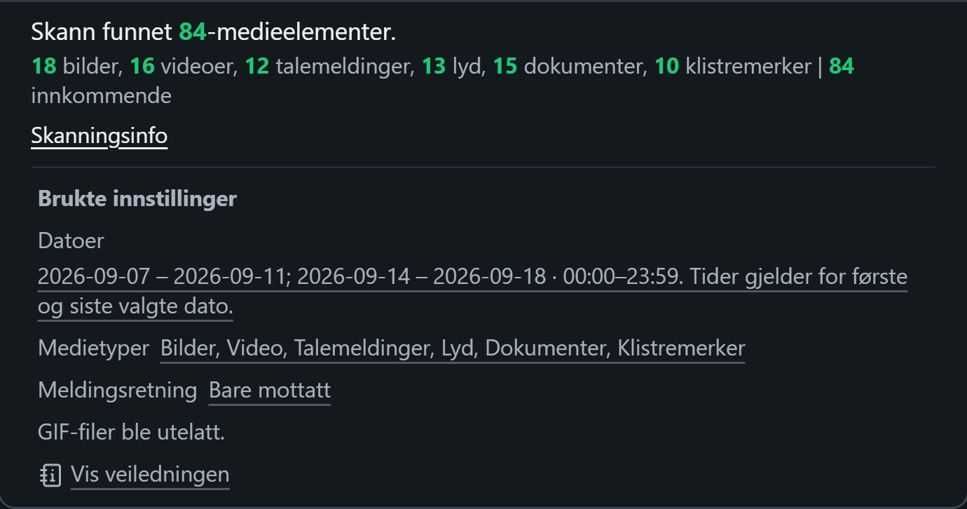 WhatsSnap Enkeltchat — Skanningsinfo viser medietellinger og dato-, media- og retningsfiltrene som er brukt