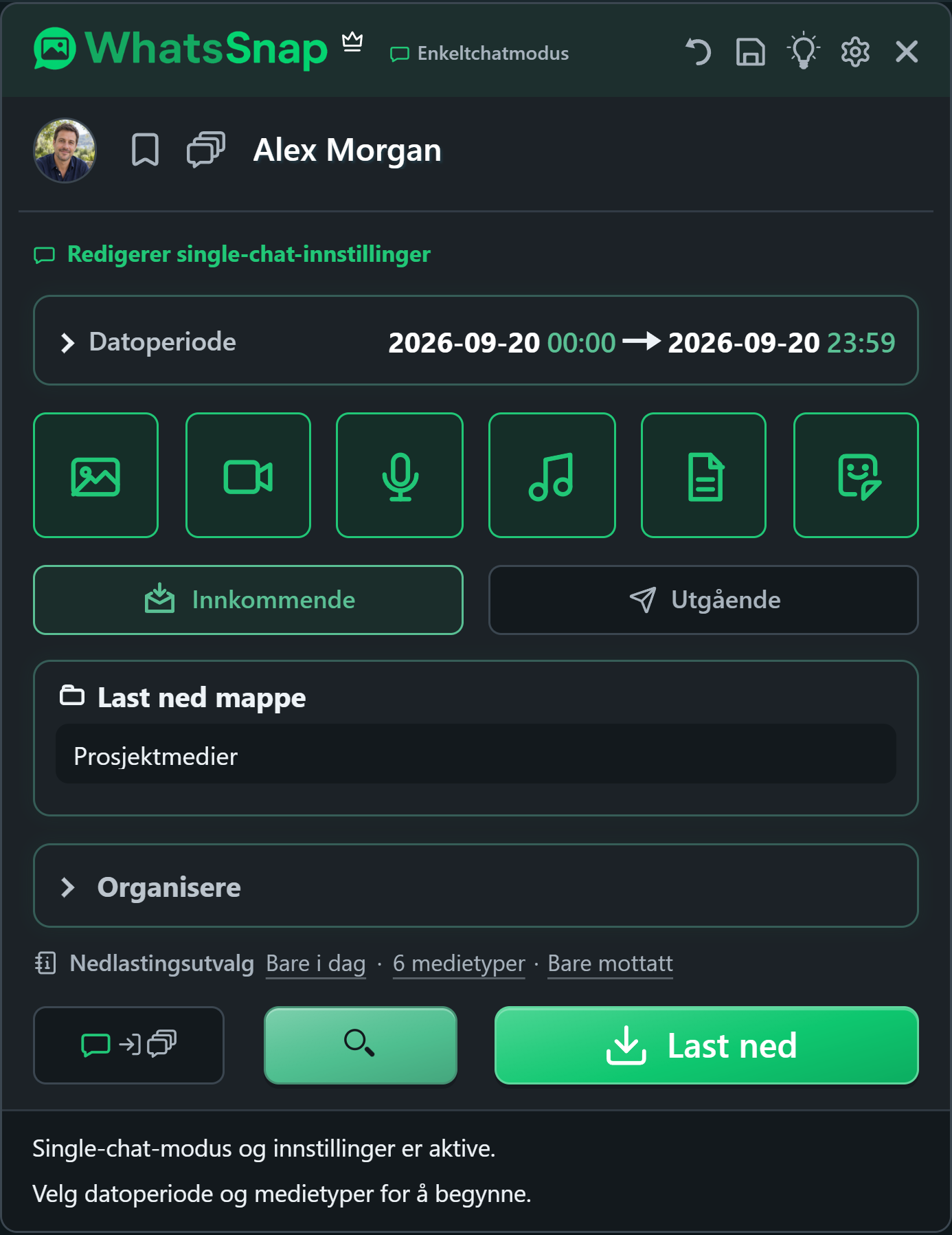 WhatsSnap inne i WhatsApp Web med kontroller for dato, media og filorganisering