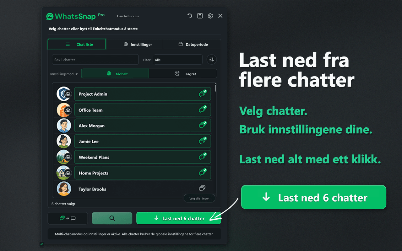 WhatsSnap-grensesnitt for Multi-chat-utvalg og massenedlasting