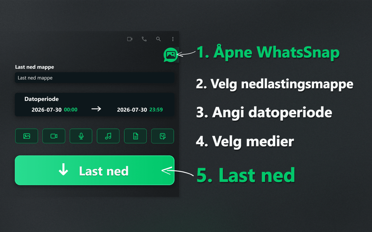 WhatsSnap-startprogram, datointervall, medievalg og nedlastingsflyt