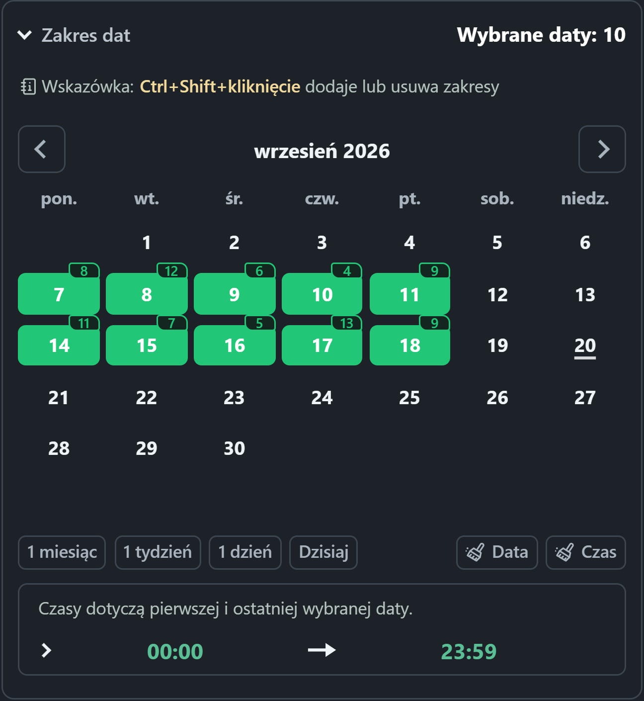 WhatsSnap kalendarz z wybranymi zakresami dat i codziennymi skanami znalezionych plakietek multimedialnych