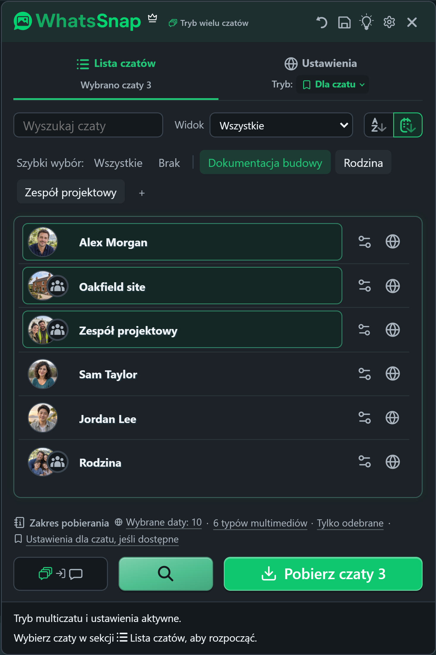WhatsSnap Multiczat z grupami szybkiego wyboru, wyszukiwaniem, filtrami i fikcyjnymi czatami służbowymi
