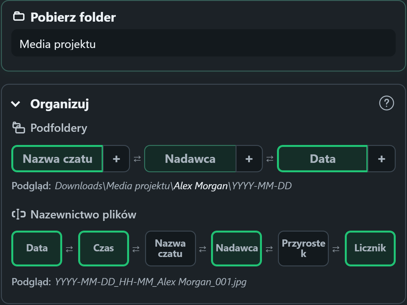 WhatsSnap elementy sterujące organizacją typu „przeciągnij i upuść” z podglądem folderów i nazw plików