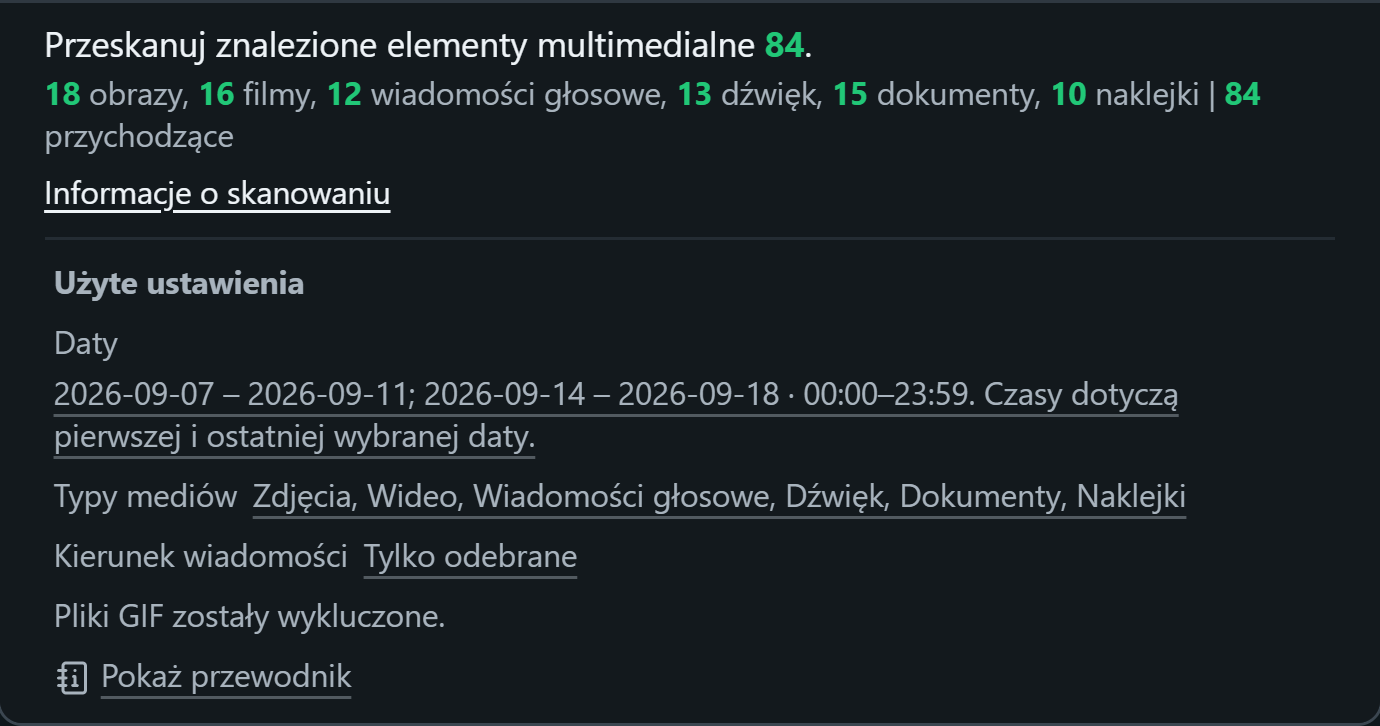 WhatsSnap Pojedynczy czat — Informacje o skanowaniu pokazujący liczbę multimediów oraz datę, użyte media i filtry kierunkowe