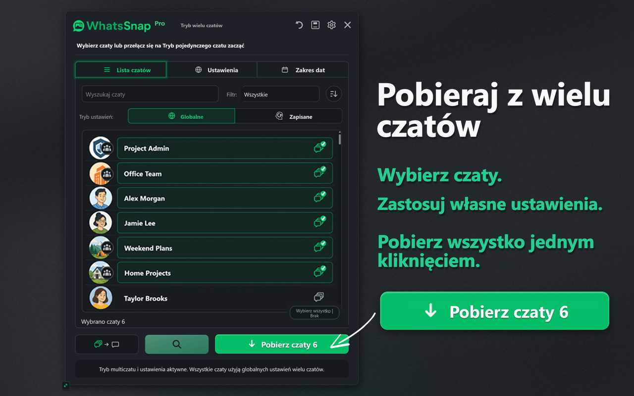 Interfejs WhatsSnap do wyboru Multi-chat i pobierania zbiorczego