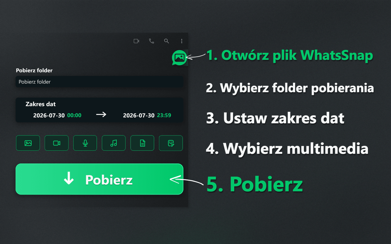 Program uruchamiający WhatsSnap, zakres dat, wybór multimediów i przebieg pobierania