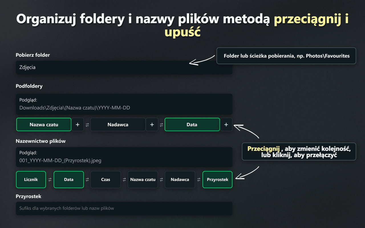 Elementy sterujące WhatsSnap typu przeciągnij i upuść do organizowania folderów i nazw plików