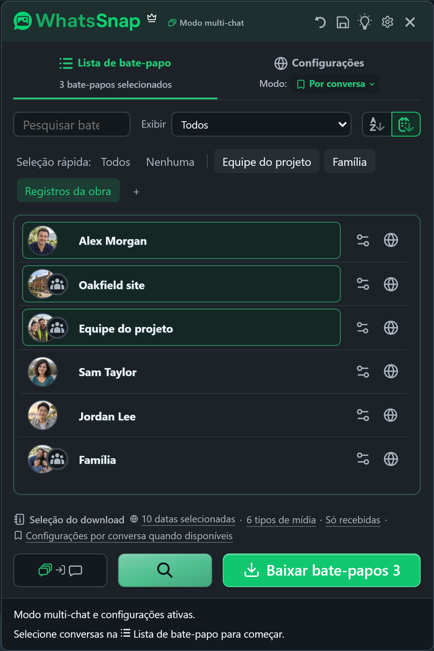 WhatsSnap Bate-papo múltiplo com grupos de seleção rápida, pesquisa, filtros e bate-papos de trabalho fictícios