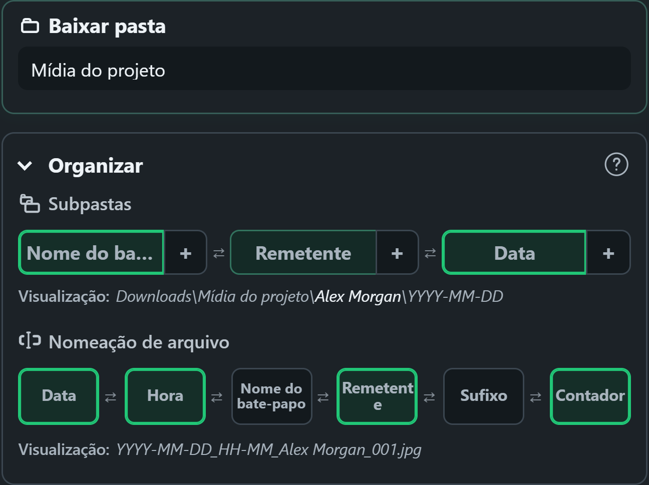 WhatsSnap controles de organização de arrastar e soltar com visualizações de pastas e nomes de arquivos