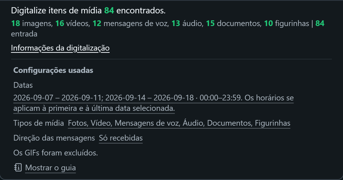 WhatsSnap Chat individual — Informações da digitalização mostrando contagens de mídia e filtros de data, mídia e direção usados