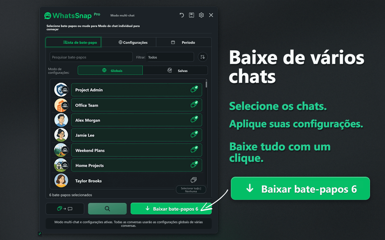 Interface de seleção Multi-chat e download em lote do WhatsSnap