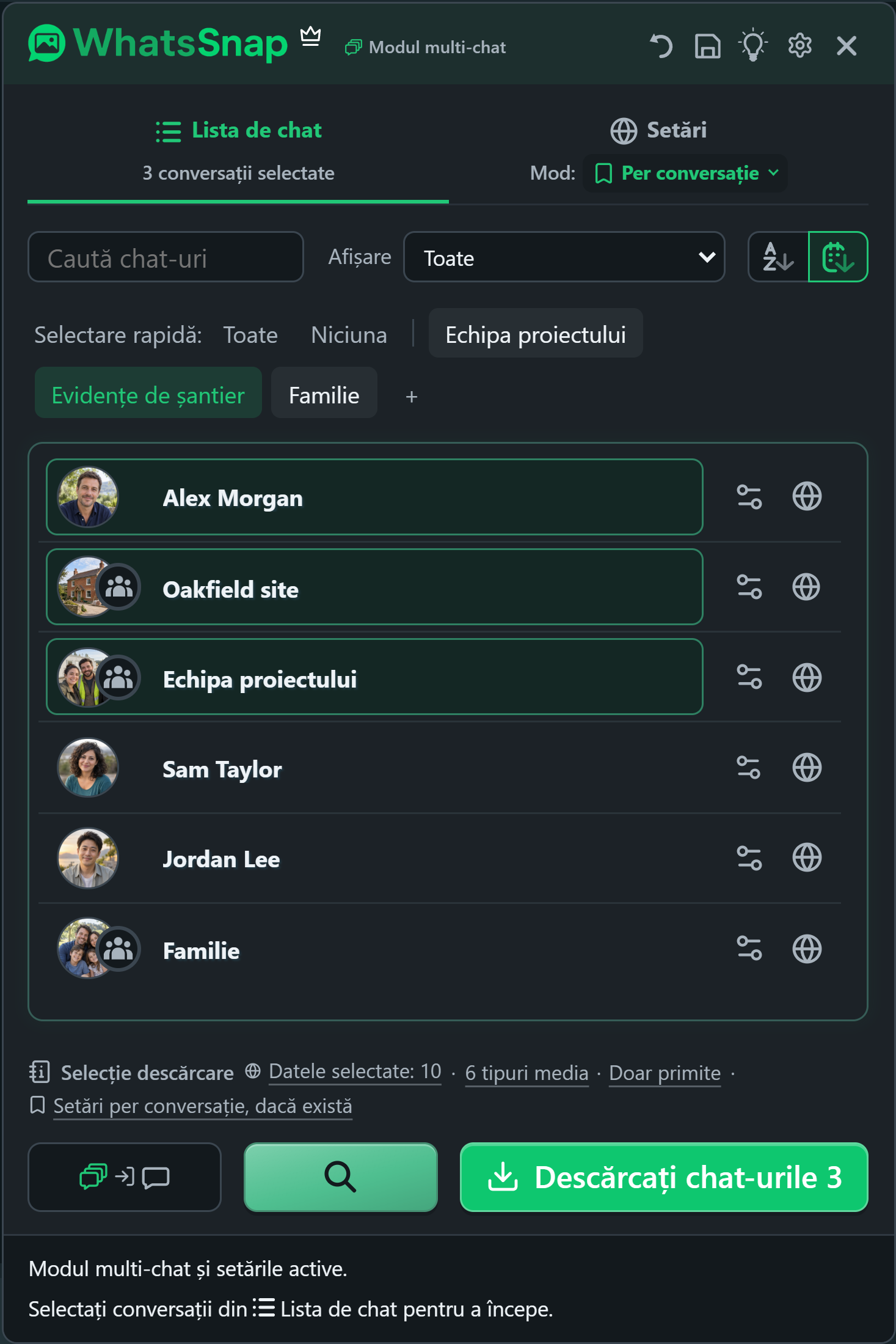 WhatsSnap Multi-chat cu grupuri de selectare rapidă, căutare, filtre și chat-uri de lucru fictive