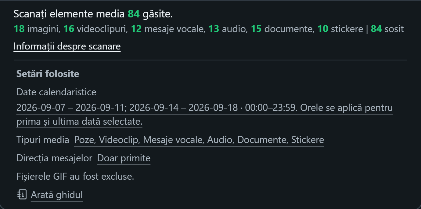WhatsSnap O singură conversație — Informații despre scanare afișează numărul media și filtrele de dată, media și direcție utilizate