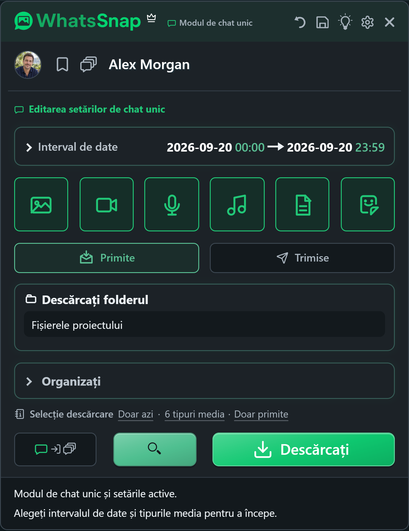 WhatsSnap în interiorul WhatsApp Web cu date, controale media și organizarea fișierelor