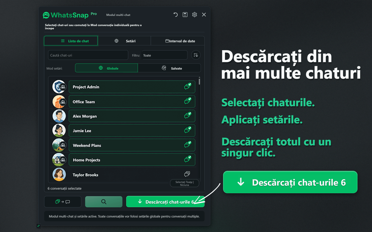 Interfața WhatsSnap pentru selectarea Multi-chat și descărcarea în lot