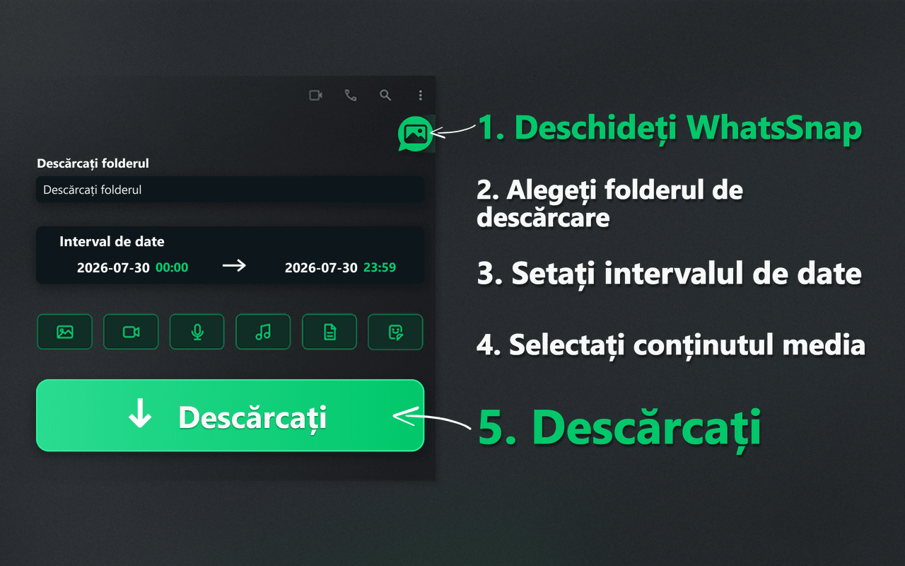 Lansatorul WhatsSnap, intervalul de date, selectarea fișierelor media și fluxul de descărcare
