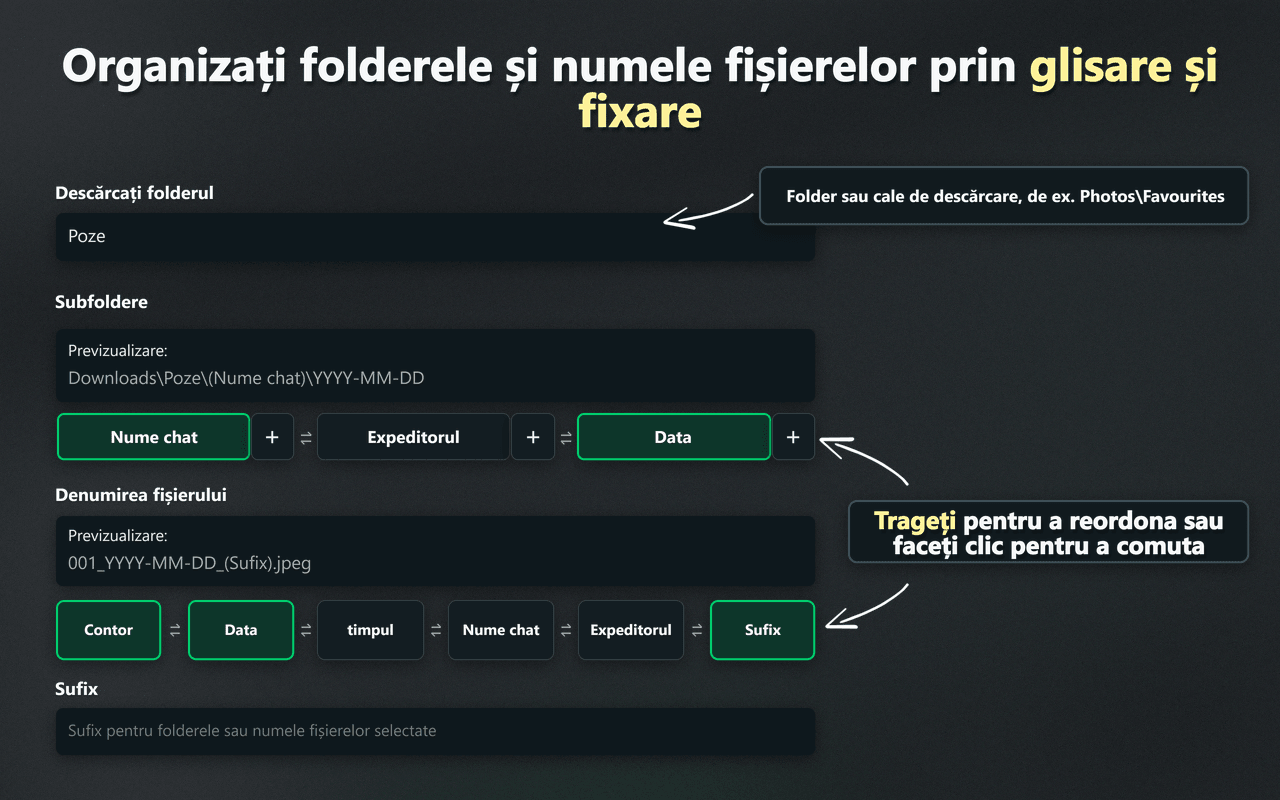 Comenzile WhatsSnap de glisare și fixare pentru organizarea dosarelor și numelor de fișiere