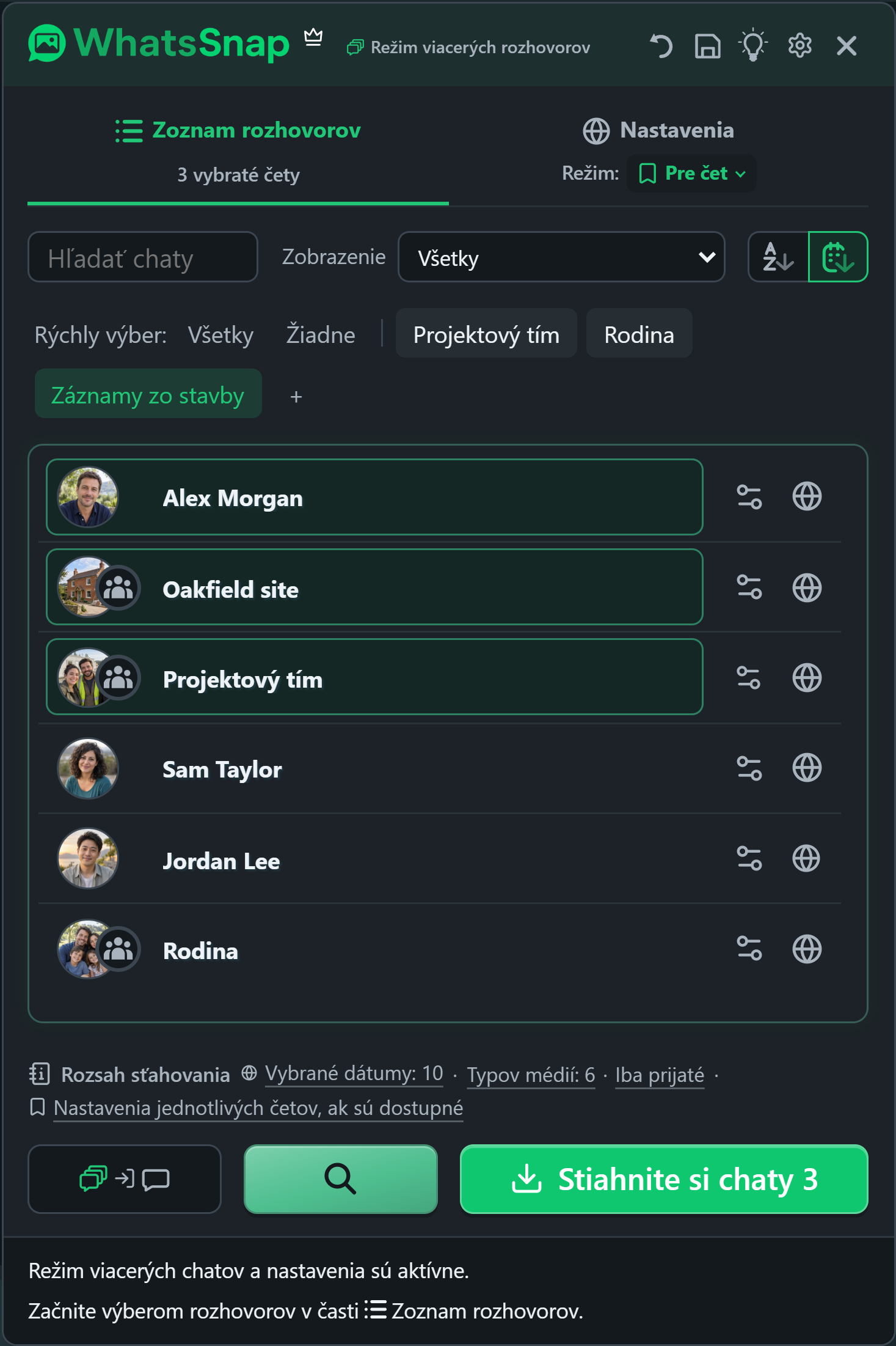 WhatsSnap Multichat so skupinami rýchleho výberu, vyhľadávaním, filtrami a fiktívnymi pracovnými chatmi