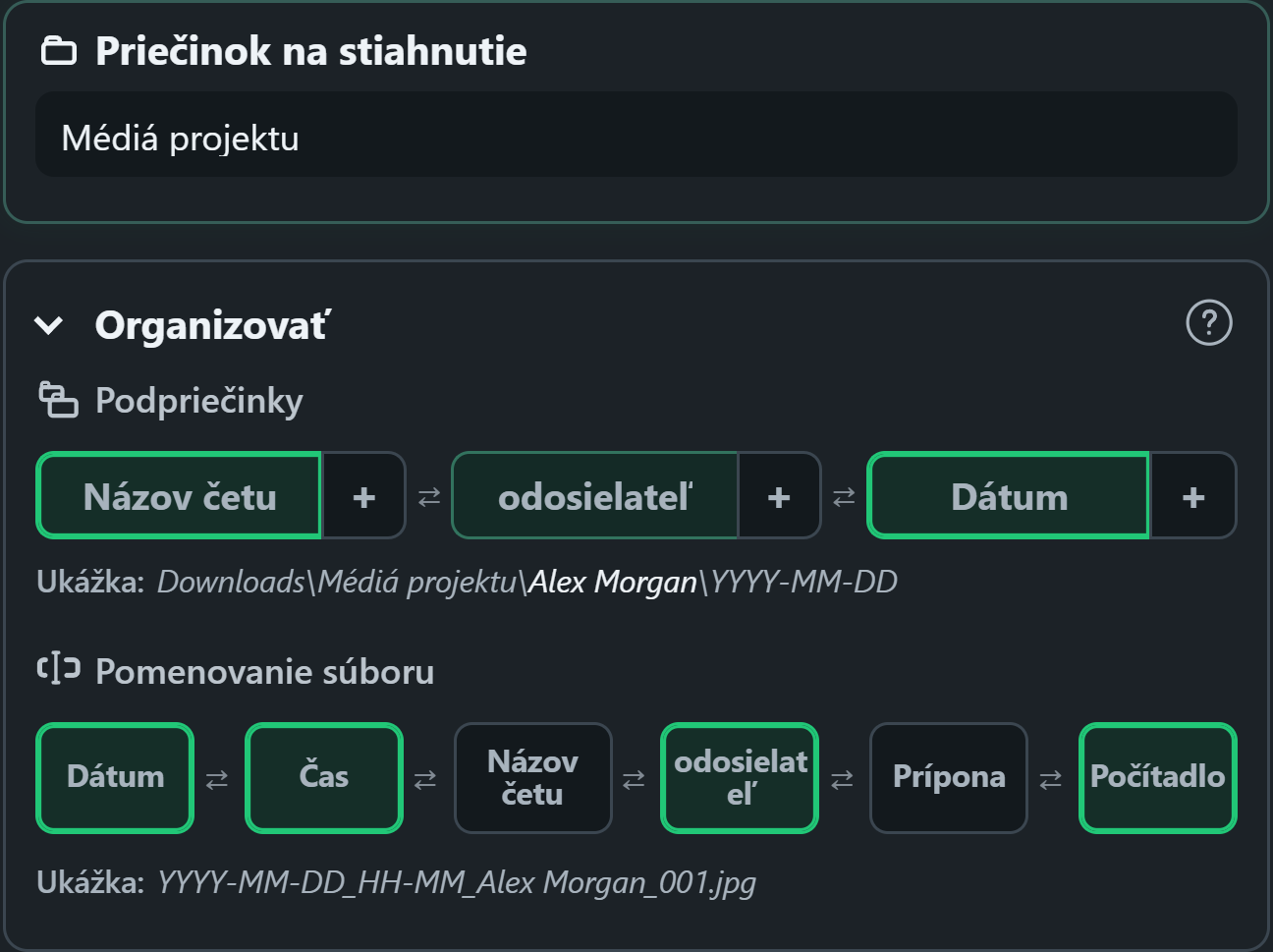 Ovládacie prvky organizácie WhatsSnap presúvaním myšou s náhľadmi priečinkov a názvov súborov