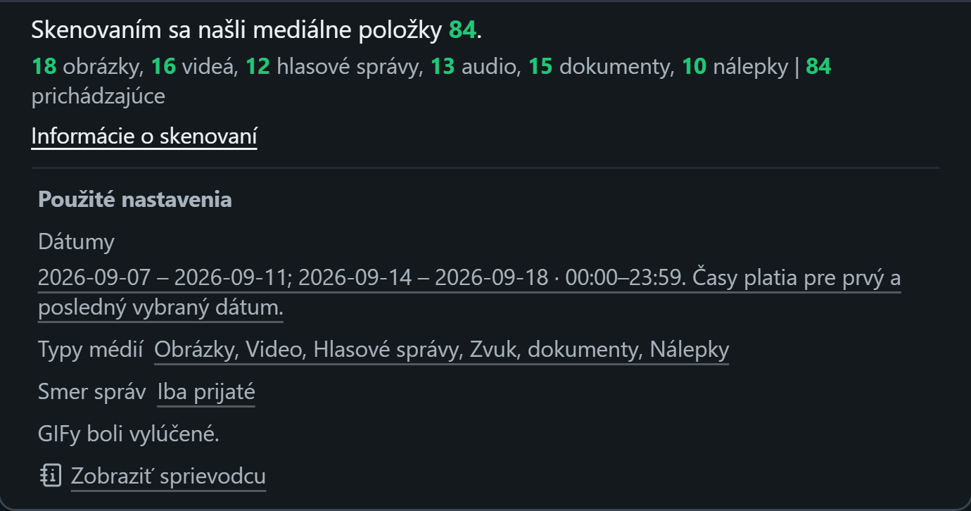 WhatsSnap Jeden čet — Informácie o skenovaní zobrazujúci počet médií a použité filtre dátumu, médií a smeru