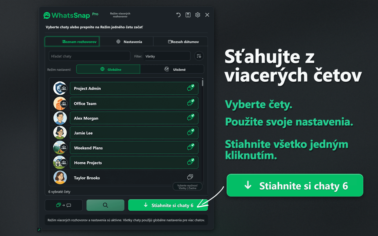 Rozhranie WhatsSnap na výber v režime Multi-chat a hromadné sťahovanie
