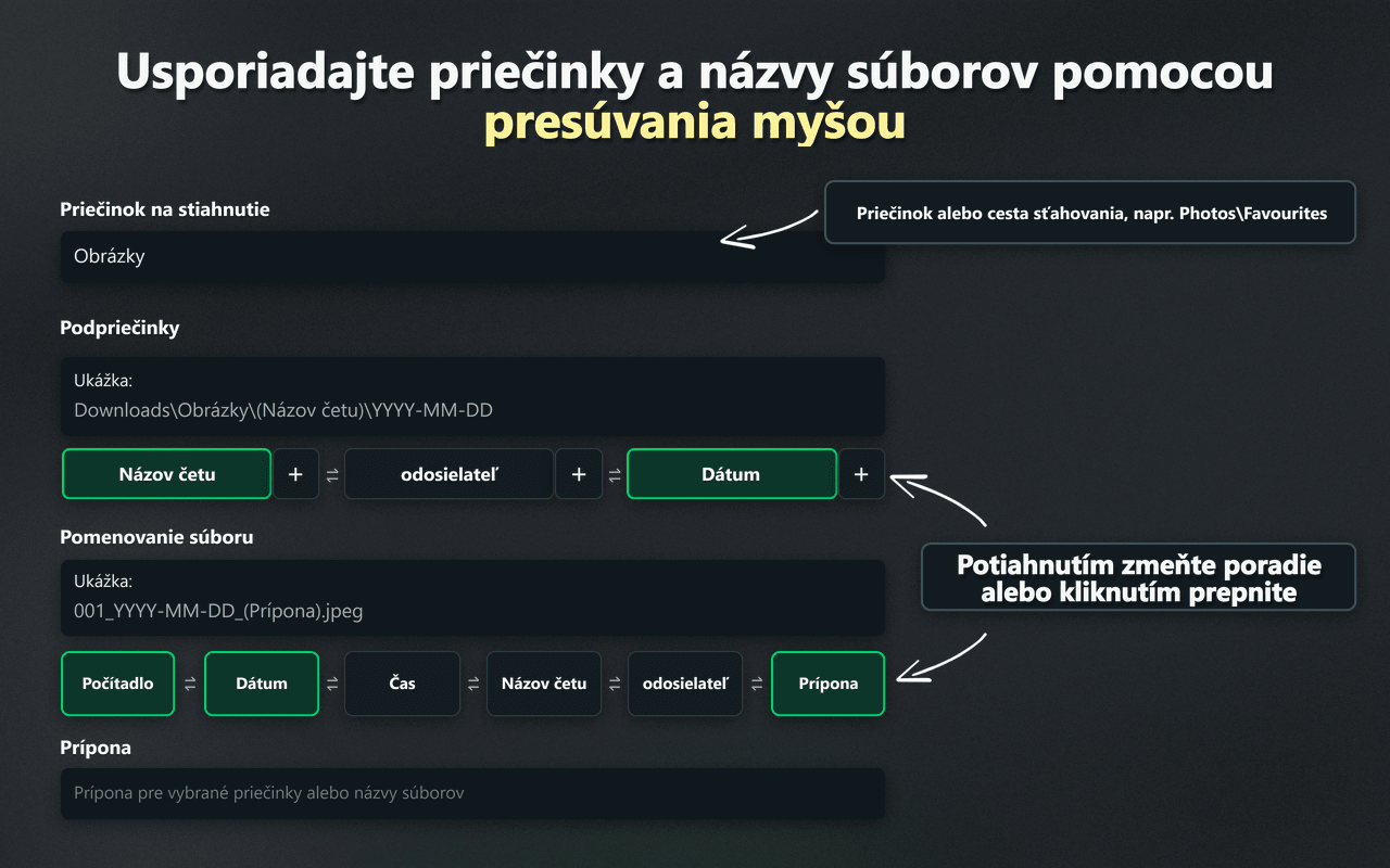 Ovládacie prvky WhatsSnap na usporiadanie priečinkov a názvov súborov presúvaním
