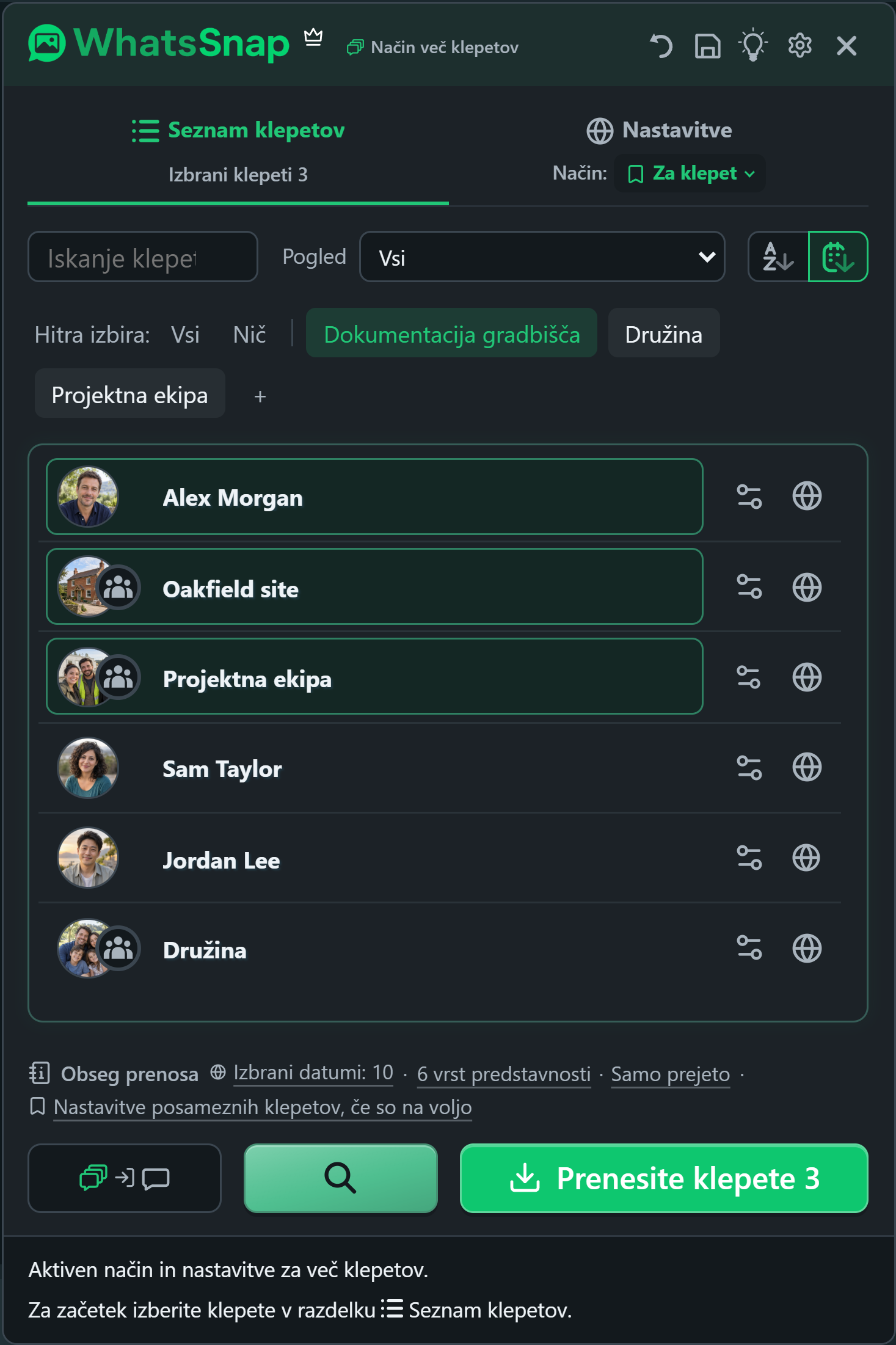 WhatsSnap Večkratni klepet s skupinami Quick Select, iskanjem, filtri in izmišljenimi delovnimi klepeti