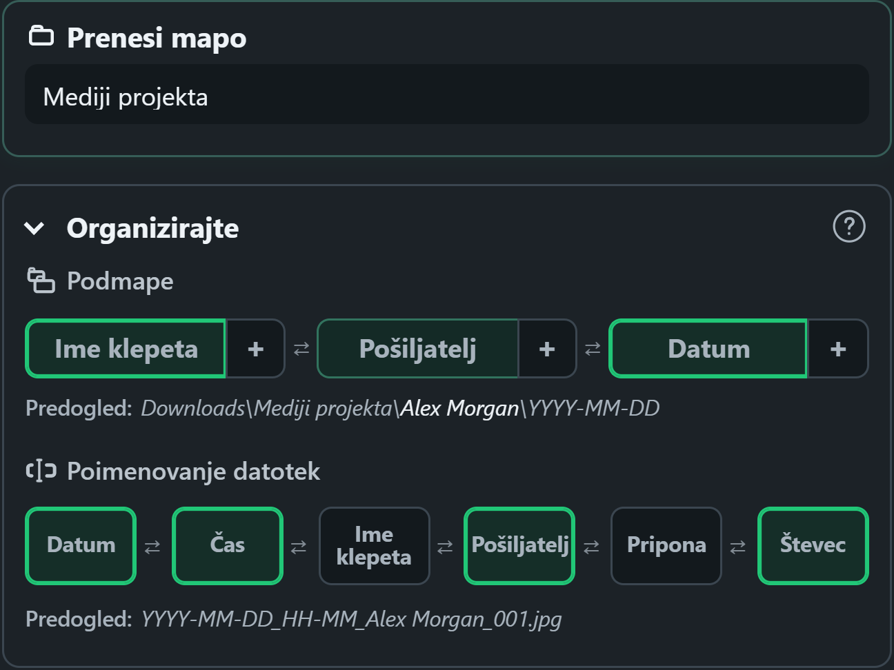 WhatsSnap Organizirani kontrolniki povleci in spusti s predogledi imen map in datotek