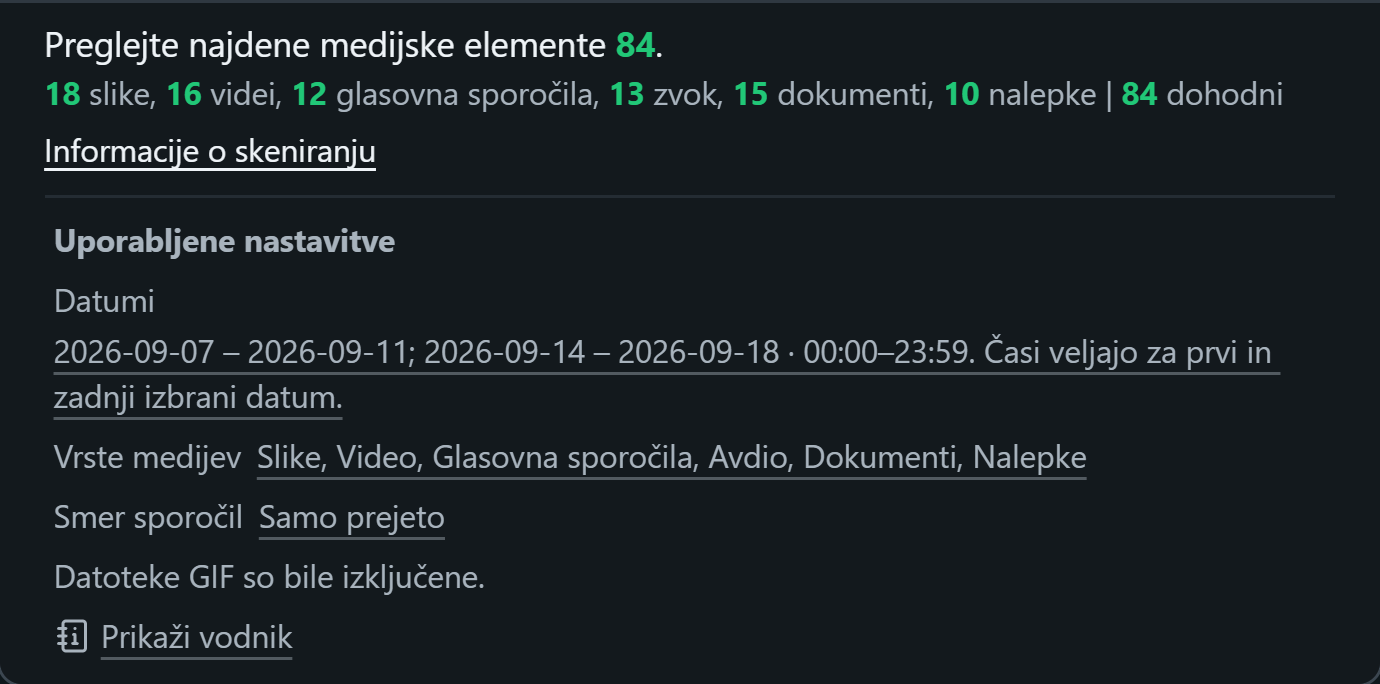 WhatsSnap En klepet — Informacije o skeniranju, ki prikazuje število medijev in uporabljene filtre za datum, medije in smer