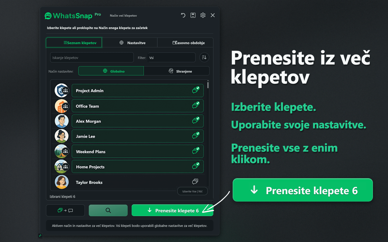 Vmesnik WhatsSnap za izbiro Multi-chat in paketni prenos