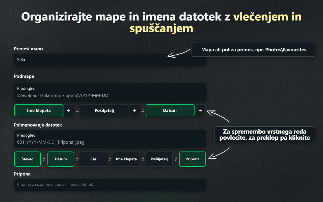 Kontrolniki WhatsSnap za organizacijo map in imen datotek z vlečenjem in spuščanjem