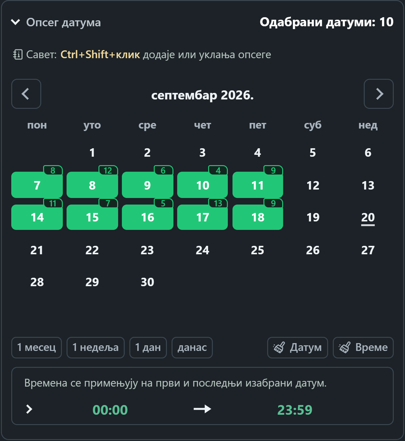 WhatsSnap календар са изабраним периодима и дневним медијским значкама пронађеним скенирањем